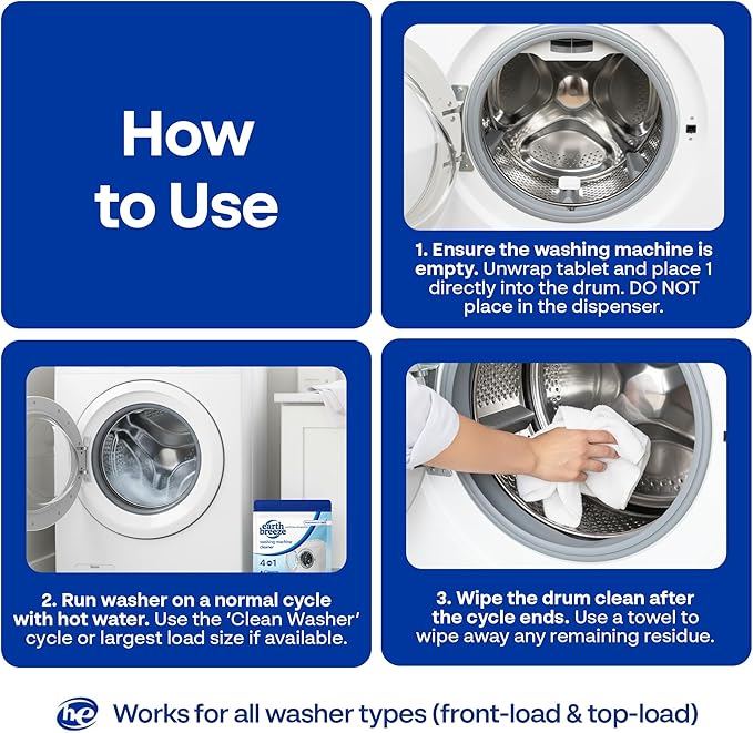 Earth Breeze Washing Machine Cleaner Tablets – Deep Cleans, Deodorizes & Removes Odors, Residue & Buildup – For Front Load, Top Load & HE Washers – Fragrance-Free - No Harsh Chemicals - Made in USA