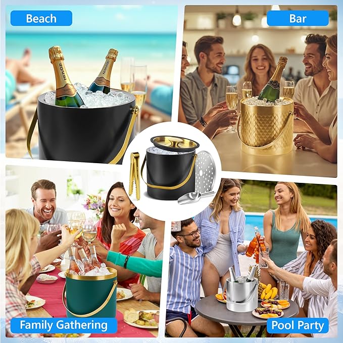 Ice Bucket, Ice Bucket with Silicone Sealing Ring Double-Wall Vacuum Insulation Champagne Buckets with Filter Layer Ice Tongs Ice Scoop (Green, 3 L)