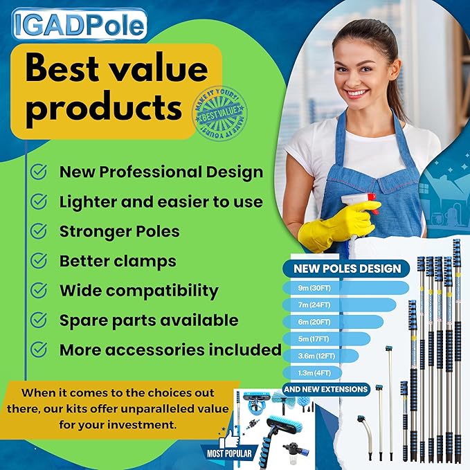 IGADPole 24 FT Water-Fed Washing Kit with Soap-Dispenser, Brush, 10″ Squeegee & Cobweb Duster for Windows, Gutters, Solar Panels & Exterior Walls