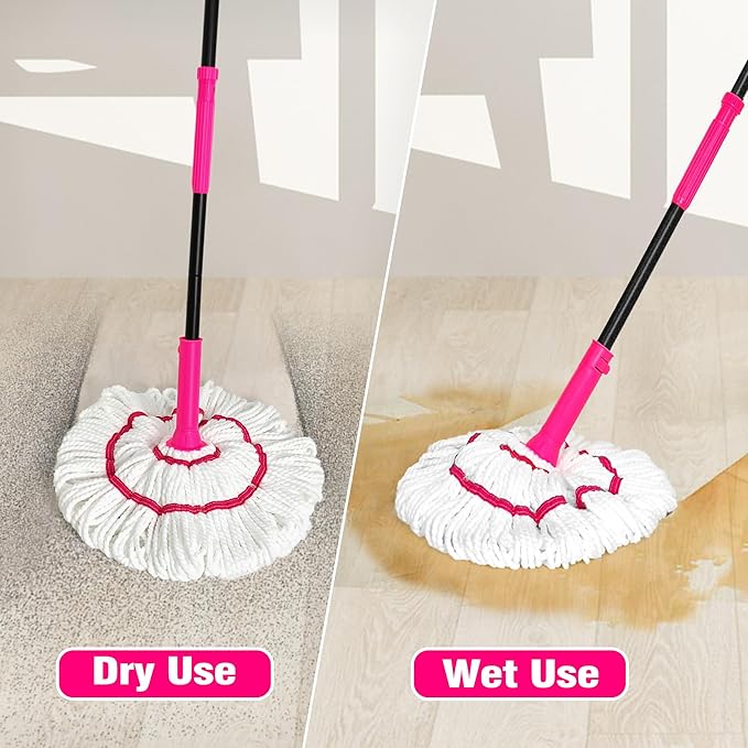NEWE Self Wringing Twist Mop for Floor Cleaning, Upgraded 18-inch Wide Microfiber Mops, 55 inches Long Handle Wet Dry Kitchen Easy Squeeze String Mop for Wood, Hardwood, Tile, Marble (Rose Red)