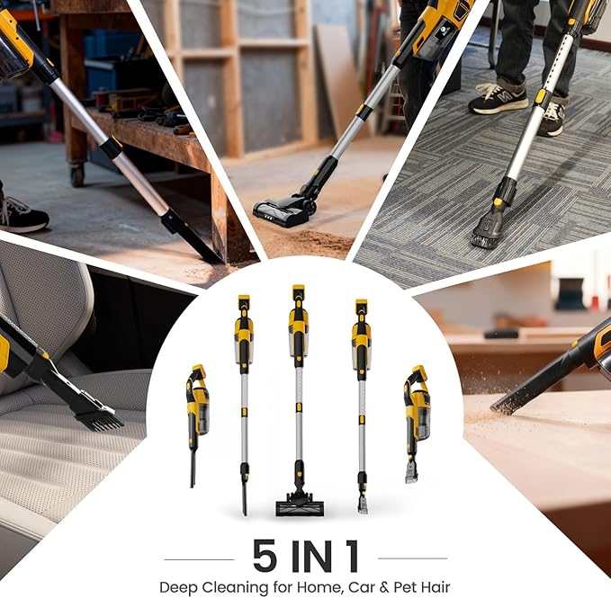 190W Brushless Cordless Vacuum Cleaner Compatible with DeWalt 20V Battery (Tool Only), 20KPa Portable 5-in-1 Lightweight Stick Handheld Vacuum with HEPA Filter for Car Home Carpet Hardfloor Pet Hair