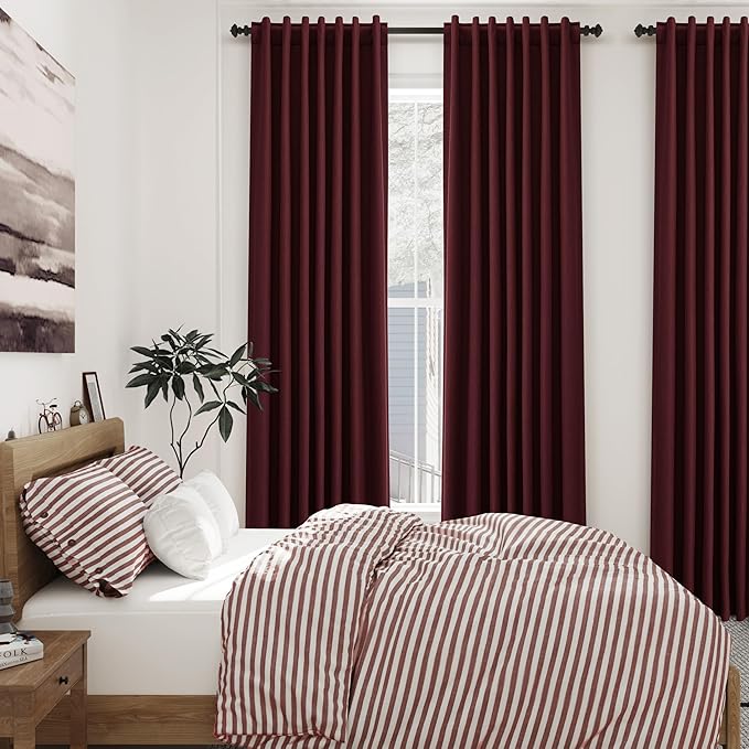 Nanspring Burgundy Linen Blackout Curtains 84 Inches Long Back Tab Rod Pocket Cooling Noise Reducing Thermal Insulated 100% Blackout 2 Panels Set for Bedroom Elegant Modern Curtains Drapes 52x84
