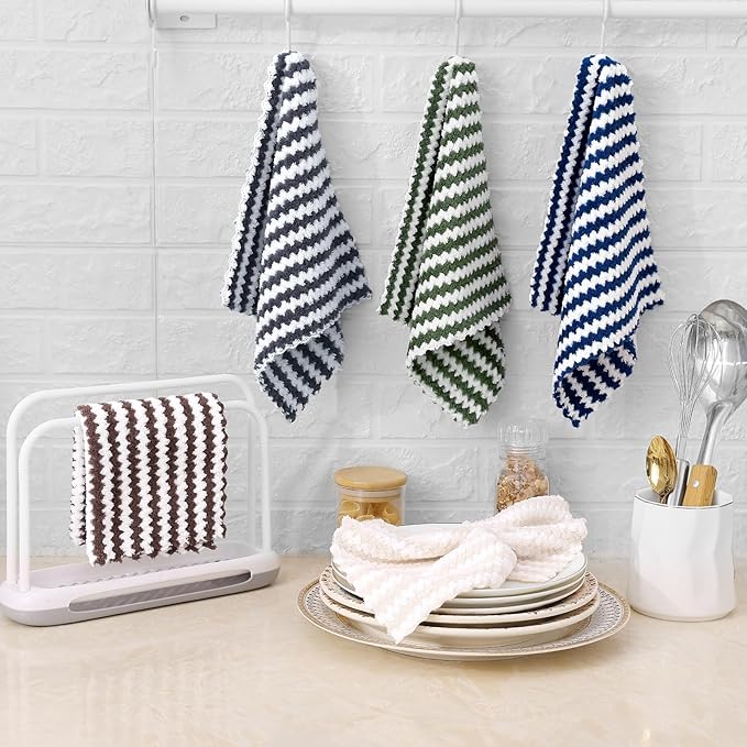 Homaxy 24 Pack Kitchen Dish Cloths, Ultra Soft and Absorbent Dish Towels, Reusable Fast Drying Microfiber Cleaning Cloth, Coral Velvet Wave Design No-lint, 10 x 10 inches, Navy Blue