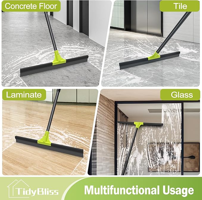 TidyBliss Floor Squeegee Heavy Duty, 24” Rubber Foam Water Scraper Broom, Epoxy Wiper Mop with 62 inches Long Handle for Cleaning Concrete Pool Rug Garage Deck Shower Window Outdoor Indoor (Green)