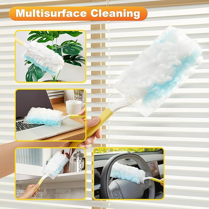 JOYMOOP Disposable Duster for Cleaning, with 2 Handles & 24 Ct Yellow Heavy Duty Refills for Swiffer Feather Duster, Household Cleaning Tool for Electronics, Dusting Furniture, Blinds