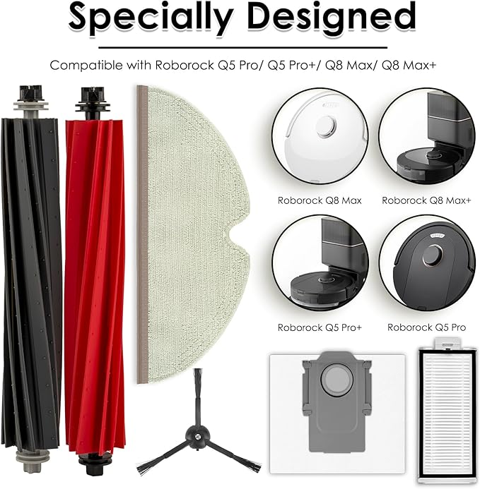(10 Pack) Q5 Pro+ Replacement Parts Accessories Kit for Roborock Q5 Pro Plus, Q5 Pro+, Q8 Max, Q8 Max+ Robot Vacuum, 2 Roller Brush, 2 HEPA Filters, 2 Side Brushes, 2 Dust bags, 2 Mop Pads