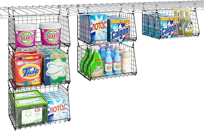 3-Pack Hanging Laundry Room Organizaton (No Shelve Included):Foldable Laundry Wire Basket with 360°Rotating Hooks Small Space Organization Over Washer and Dryer Shelves, Closet Organizer, Black Patent