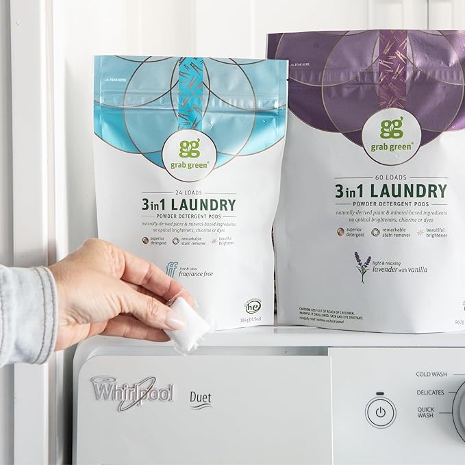 Grab Green 3-in-1 Laundry Detergent Pods, 132 Count, Lavender Vanilla Scent, Plant and Mineral Based, Superior Cleaning Power, Stain Remover, Brightens Clothes