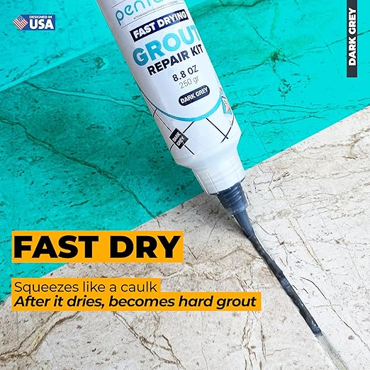 PentaUSA Tile Grout Repair Kit - Dark Grey Filler, Triple Protection, Fast Drying Formula Restores and Renews Lines with Float (8.8oz / 250gr)