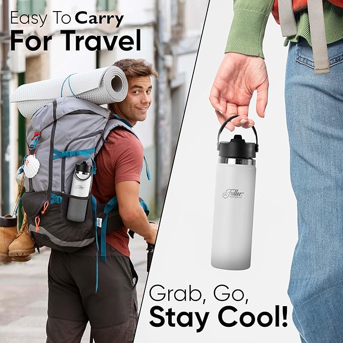Fuller Stainless Steel Water Bottle with Straw Lid – BPA-Free, Sweat-Proof, Leak-Proof Travel Mug – Double Wall Insulated for Hot & Cold Drinks – Carry Handle (White, 20 Oz.)