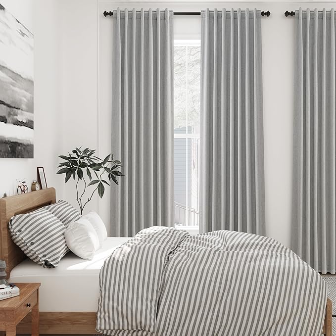 Silver Grey Linen Curtains for Bedroom Black Out 96 Inch Long Full Blackout Back Tab Pocket Curtains for Living Room Neutral Rustic Insulated Light Blocking Drapes 96 Inches Long 2 Panels 8 Ft