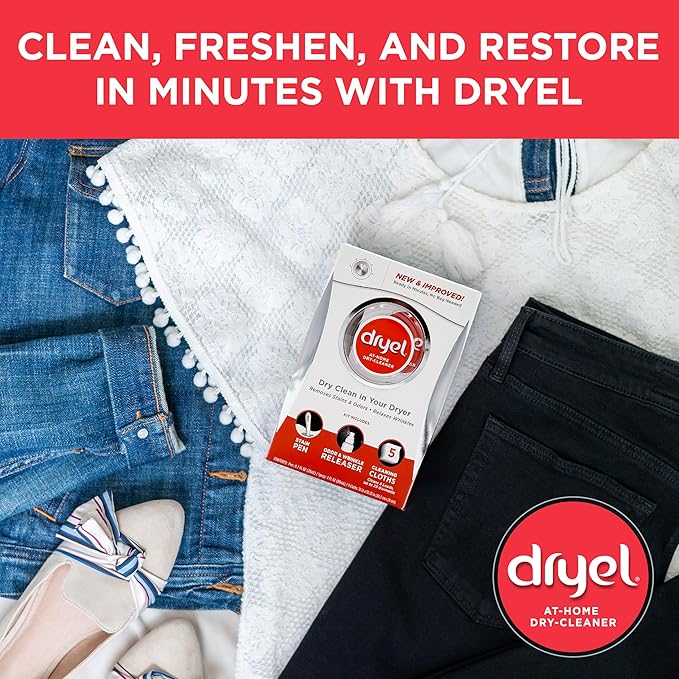 dryel At-Home Dry Cleaner Starter Kit with Wrinkle Release Spray, New and Improved, Gentle Laundry Care for Special Fabrics and Dry-Clean-Only Clothes, 8 Loads with On-the-Go Stain Remover