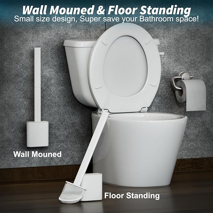 Silicone Toilet Brushes & Holders – Pack of 2 Long Non-Slip Handle, Flexible Bristles for Easy Cleaning – Modern Drip-Free Base, Durable White Bathroom Toilet Brush Set with Holder