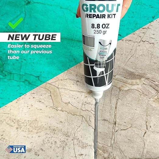PentaUSA Grout - Premixed Grout Repair Set, 8.8 oz, 2 Pack Tile Grout Tubes, Repairs and Renews Tile Grout in Bathroom and Kitchen, Odorless and Safe Formula - 2 Pack (Grey)