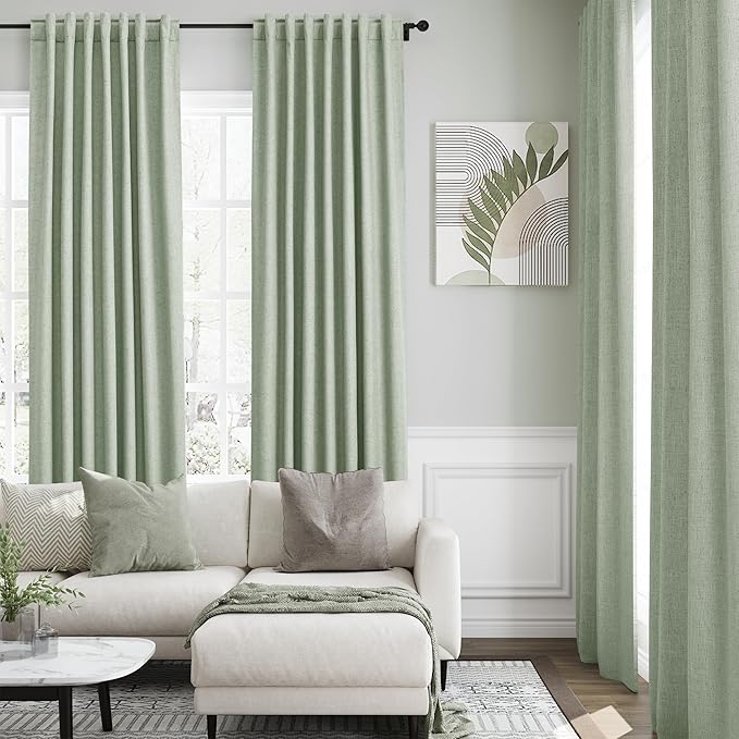 Light Sage Linen Curtains 90 inch Length 2 Panels Set for Bedroom Thermal Insulated 100% Blackout Linen Drapes Back Tab Neutral Rustic Modern Farmhouse Room Darkening Curtain 52x90