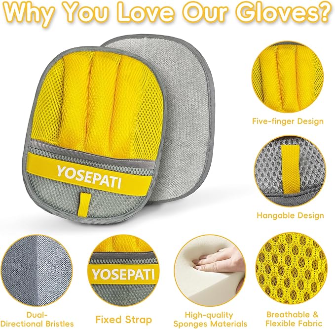 YOSEPATI Thickened Ectrostatic Pet Hair Removal Glove for Cat & Dog, Upgraded Five-Finger Reusable Magic Brush Pet Hair Remover Tool for Couch, Clothing, Carpet & Car Seat, Cat Grooming Gloves