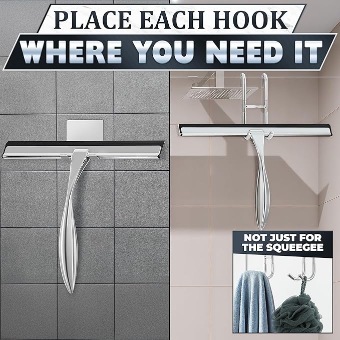 12 Inch Silver All-Purpose Stainless Steel Shower Squeegee for Shower Glass Door with 2 Hooks (Adhesive & Regular), Bathroom Cleaner Tool, Window & Mirror Squeegee for Tile Walls, Car Glass Surfaces