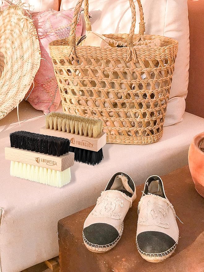 YoungJoy 2 Pieces Dual Sided Sneaker Shoe Cleaner Brush Set Shoes Clean Brush Kit Both Boar and Plastic Bristles with Microfiber Cloth (A)