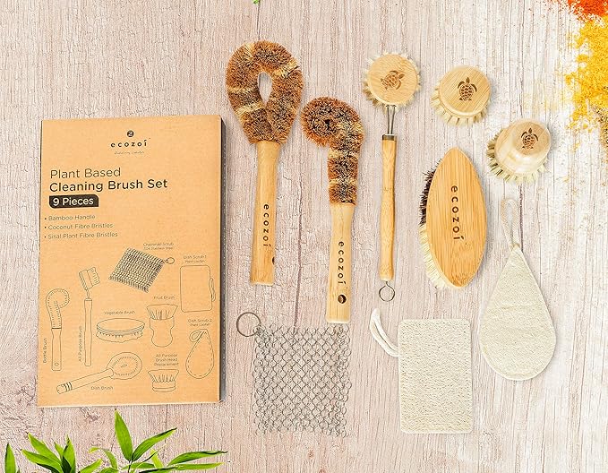 ecozoi Bamboo Dish Brush Set – 9 Piece Wooden Dish Brush for Dishes, Pots, Pans & Bottles – Eco Friendly Cleaning Set with Coconut & Sisal Bristles – Plastic-Free, Durable & Sustainable Kitchen Tools