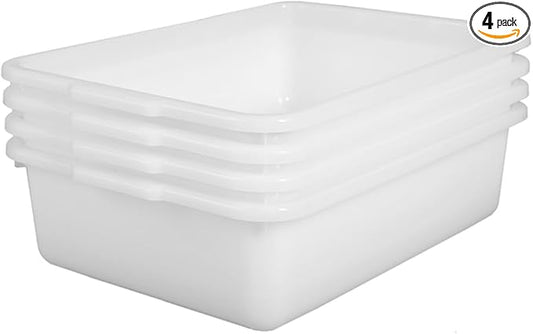 White 4-Pack Commercial Bus Tubs Box/Tote Box, Stackable Plastic Utility 13 Liter Storage Bin with Handles, Dish Wash Basin Tub Pans