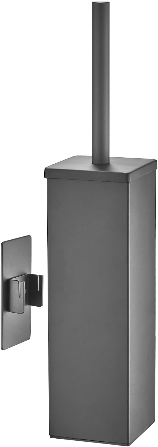 Brushed Gold Stainless Steel Toilet Brush, Square No-Punch Hook Base Toilet Brush Holder Removable Inner Bucket and Splash Proof Cover - Soft Bristles (No Drill Square Metal Cap Gray)