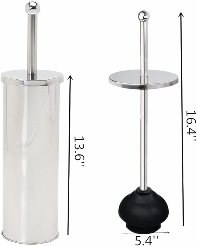 Chrome Toilet Plunger with Holder Bathroom Metal Canister Holder Drip Cup, Heavy Duty, Deep Cleaning Silver