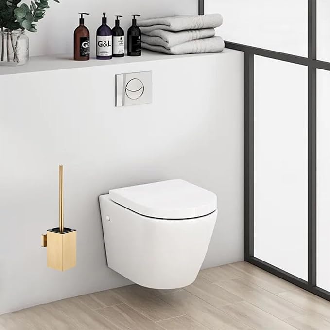 LSWYYP Toilet Bowl Brush and Holder Square,Stainless Steel Square Wall Mounted Toilet Bowl Brush with Lid,Cleaning Toilet Brush Set for Bathroom Brushed Gold