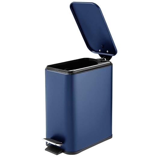 mDesign Rectangular Pedal Bin – 5 L Metal Waste Bin with Pedal, Lid and Plastic Bucket Insert – Household Rubbish Bin for Bathroom, Kitchen and Office – Navy
