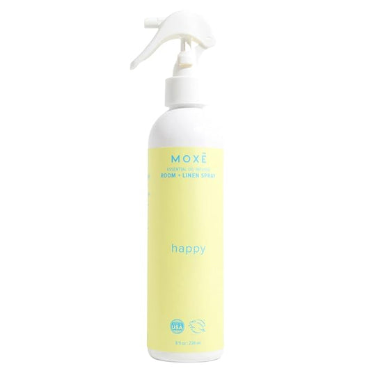 MOXĒ Happy Linen & Room Spray, Uplifting Essential Oils, Natural Aromatherapy Mist, Home & Bedroom, Office, Furniture, Bedding, Pillows, Sheets, Cinnamon, Sweet Fennel, Sage, Thyme, 8 Ounces (1 Pack)