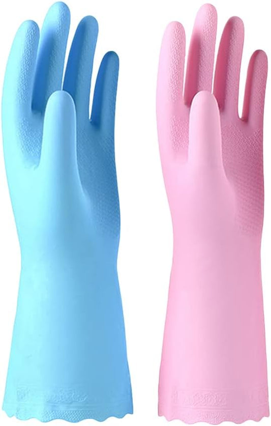 Alimat PluS 2 Pack Reusable Cleaning Gloves Latex Free, Dishwashing Gloves with Cotton Flock Liner and Embossed Palm, Waterproof Household Gloves for Laundry, Gardening（Medium）