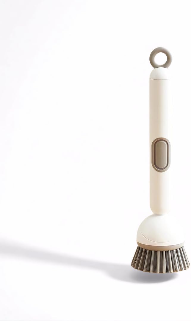 Rotating Dish Brush with Soap Dispensing Handle,Kitchen Scrub Brush with Hook，White