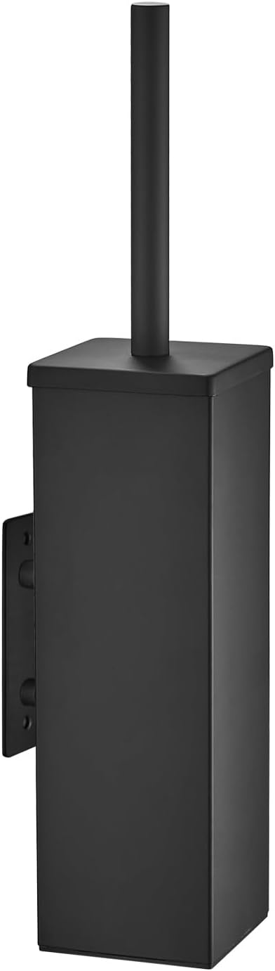 JOVYXIE Black Stainless Steel Square Toilet Brush with Metal Lid Dual-Use Toilet Brush Holder with Drilled + Drill-Free Hook Base Includes Removable Inner Bucket (Black)