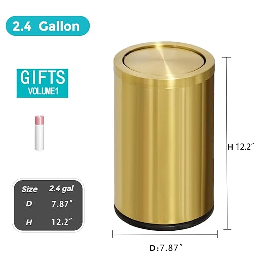 2.4 Gallon Brush Gold Bathroom Trash can with Lid, Modern, Luxury Garbage Can, Wastebasket for Bedroom Office Hotel (Gold Single Layer)