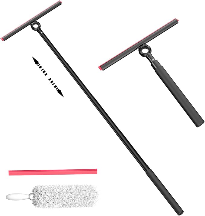EHOMGUI Shower Squeegee for Glass Doors, Window Squeegee for Home,Squeegee with Telescopic Extension Pole,Professional Window Cleaning Tool, Black, for Mirror, Glass, Ceramic Tile