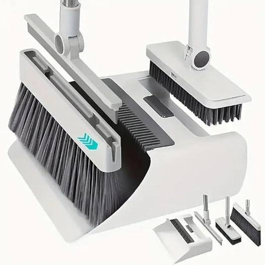 4-in-1 Broom and Dustpan Set with Floor Brush, White Stainless Steel Long Handle, Upright Standing Design for Home Office Kitchen, Squeegee Cleaning Tools Combo