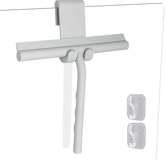 DEOFUXT Shower Squeegee for Glass Doors, Full Silicone Jacketed Squeegee with Ergonomic Handle & No-Drill Hook, Cleaning Tool for Windows, Mirrors, Tiles, Bathroom & Car - Grey