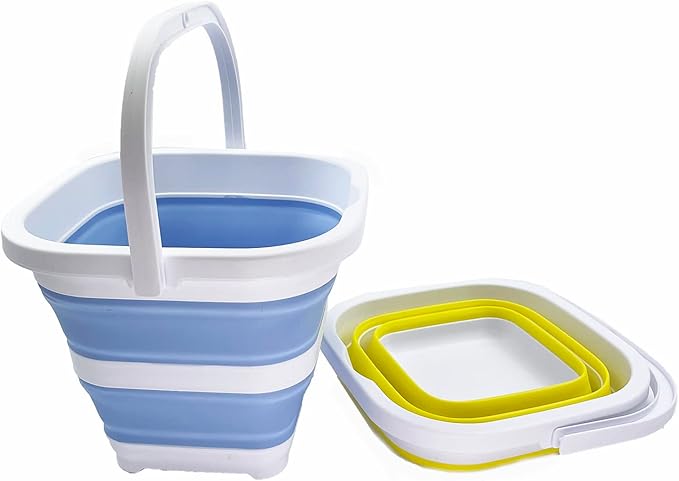 SAMMART Collapsible Rectangular Cleaning Bucket 5L (1.3 Gallon)- Foldable Camping Beach Sand Water Pot Pail- Portable Space Saving Tub for Household, Outdoor Car Washing (Baby Blue + Lemon (Set of 2))