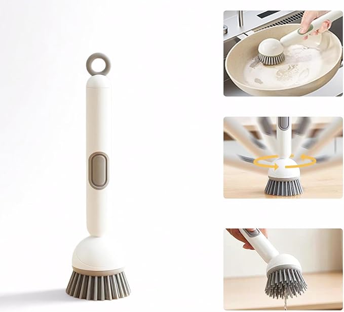 Rotating Dish Brush with Soap Dispensing Handle,Kitchen Scrub Brush with Hook，White
