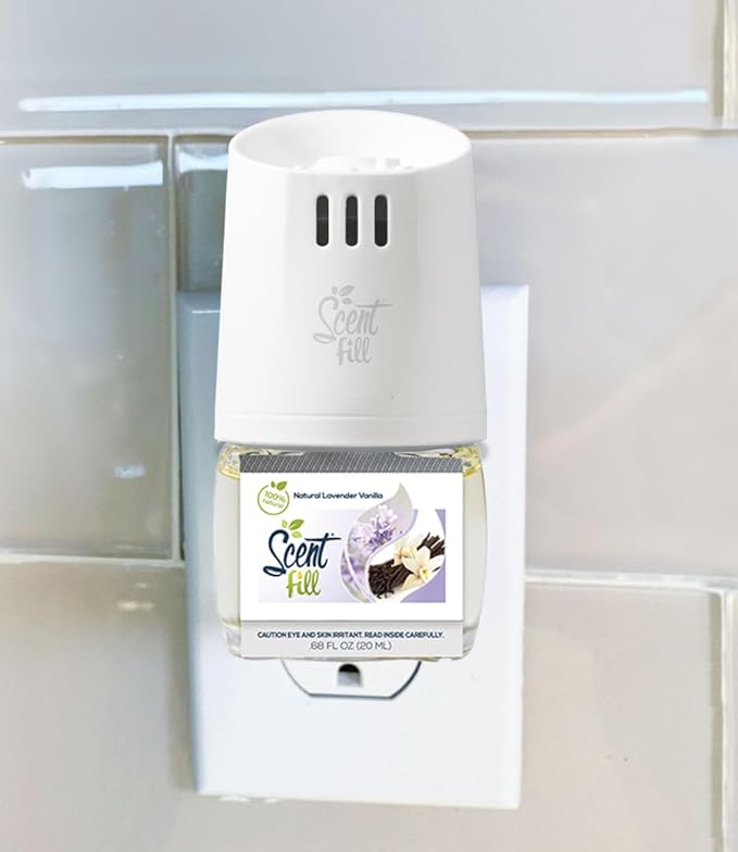 Scent Fill 100% Natural Lavender Vanilla Plug in Air Freshener, Scented Oil Refills, 2 Refills + Diffuser