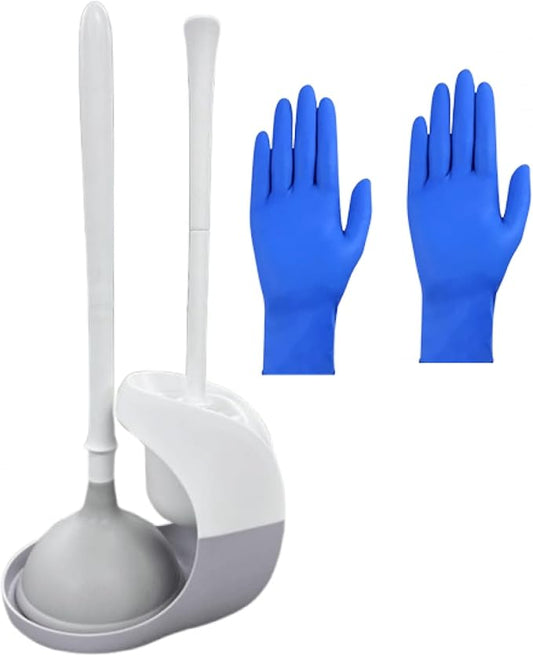 2 in 1 Toilet Brush and Plunger Set，BathroomPlunger and Brush Set ，Toilet Bowl Brush Plunger Set，Cleaning Brush,Cleaning Supplies，Contains 10 Pairs of High Elastic and SuperTough Gloves (Gray 2)