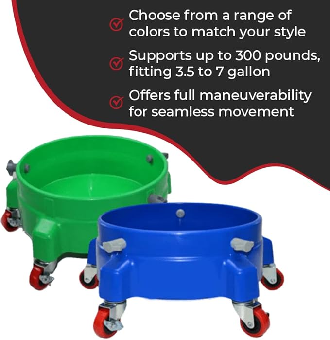 Heavy Duty Car Wash Bucket Dolly with 360° Swivel Casters | Fits 3.5–7 Gallon Buckets | 300 lb Capacity | Soap Holder | Rolling Pail Stand for Auto Detailing |Red
