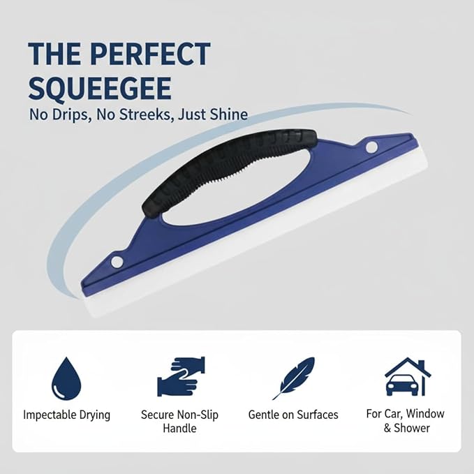 2-Pack Professional Silicone Squeegee, 12-Inch Flexible Water Blade for Streak-Free Car Wash & Glass Cleaning, Safe on Paint & Chrome, Blue