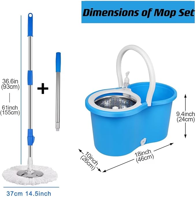Spin Mop and Bucket with Wringer Set, 360° Mop and Bucket Set for Floor Cleaning, Stainless Steel 61" Adjustable Extended Handle with 3 Microfiber Mop Refills, Blue
