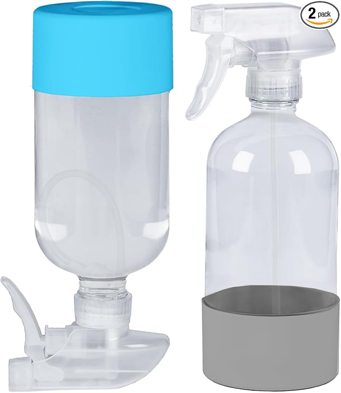 2 Pack 360° Glass Spray Bottles with Silicone Sleeve, 16 oz Empty Refillable Containers with Adjustable Spray Nozzles, Spray Bottles for Hair, Cleaning Solutions and Plants Grey&Blue