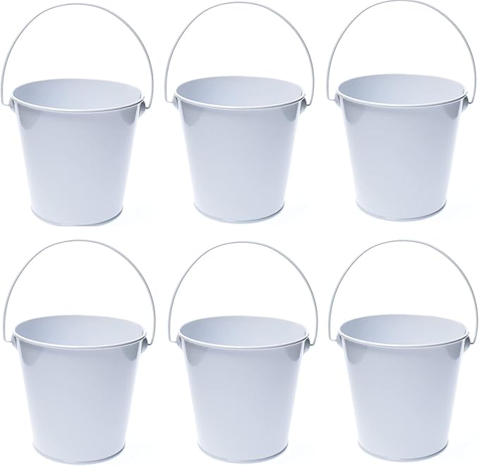 Small Metal Buckets with Handle, 6 Pack 4.3 Inch Colored Galvanized Bucket for Kids,Classroom,Crafts,and Party Favors (4.3" Top,White)