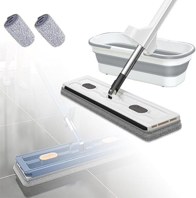 Large Flat Mop, Saker Plus Self Wringing Mop 360° Rotating Flat Mops with Washable Microfiber Pads, Independent Drainage Scraper Floor Cleaning System (White Flat Mop & Bucket Set, 2 Microfiber Pads)