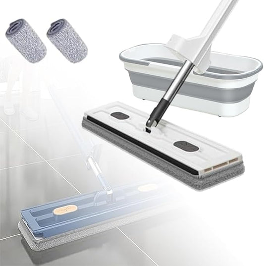 Large Flat Mop, Saker Plus Self Wringing Mop 360° Rotating Flat Mops with Washable Microfiber Pads, Independent Drainage Scraper Floor Cleaning System (White Flat Mop & Bucket Set, 2 Microfiber Pads)