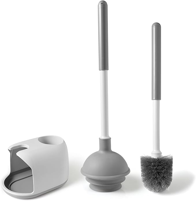 Eyliden Toilet Plunger & Brush Set, Upgrade 3-Step Suction Cup - Ultra-Tight Seal, Durable, Space-Saving Toilet Deep Cleaning Combo with Holder, Bathroom Essentials (1 Pack, White & Grey)