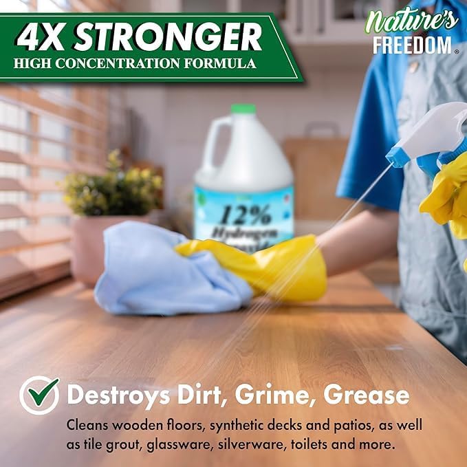 Nature's Freedom 12% Hydrogen Peroxide, 1 Gallon with “How to Do Everything with 12% Hydrogen Peroxide” Cleaning Book – Pure H2O2 for Home & Surface Cleaning