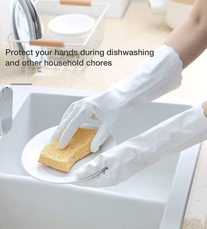 Alimat PluS 2 Pack Reusable Cleaning Gloves Latex Free, Dishwashing Gloves with Cotton Flock Liner and Embossed Palm, Waterproof Household Gloves for Laundry, Gardening（Large）